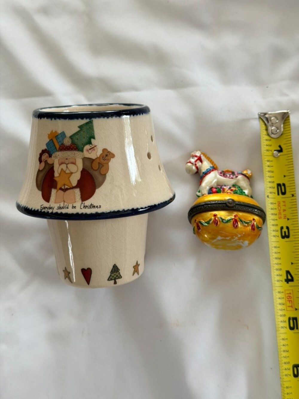 Santa-Themed Ceramic Candle Holder & Painted Horse Trinket Box Set